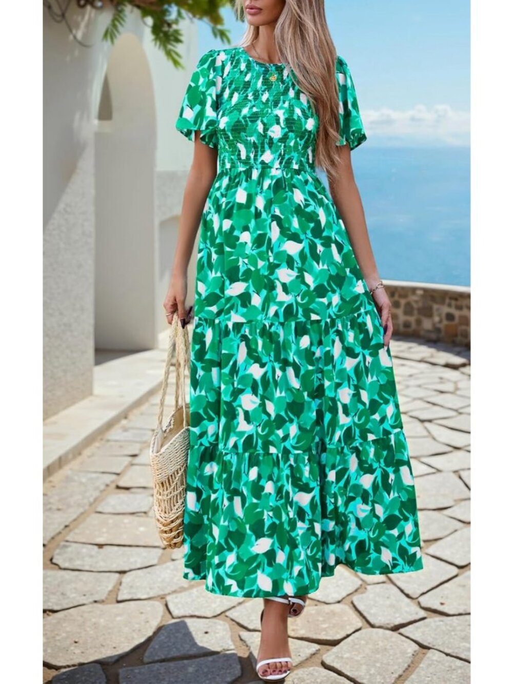 Women's Green Flutter Short Sleeve Boho Floral Maxi Crew Neck Tiered Long Dress - Picture 2 of 5
